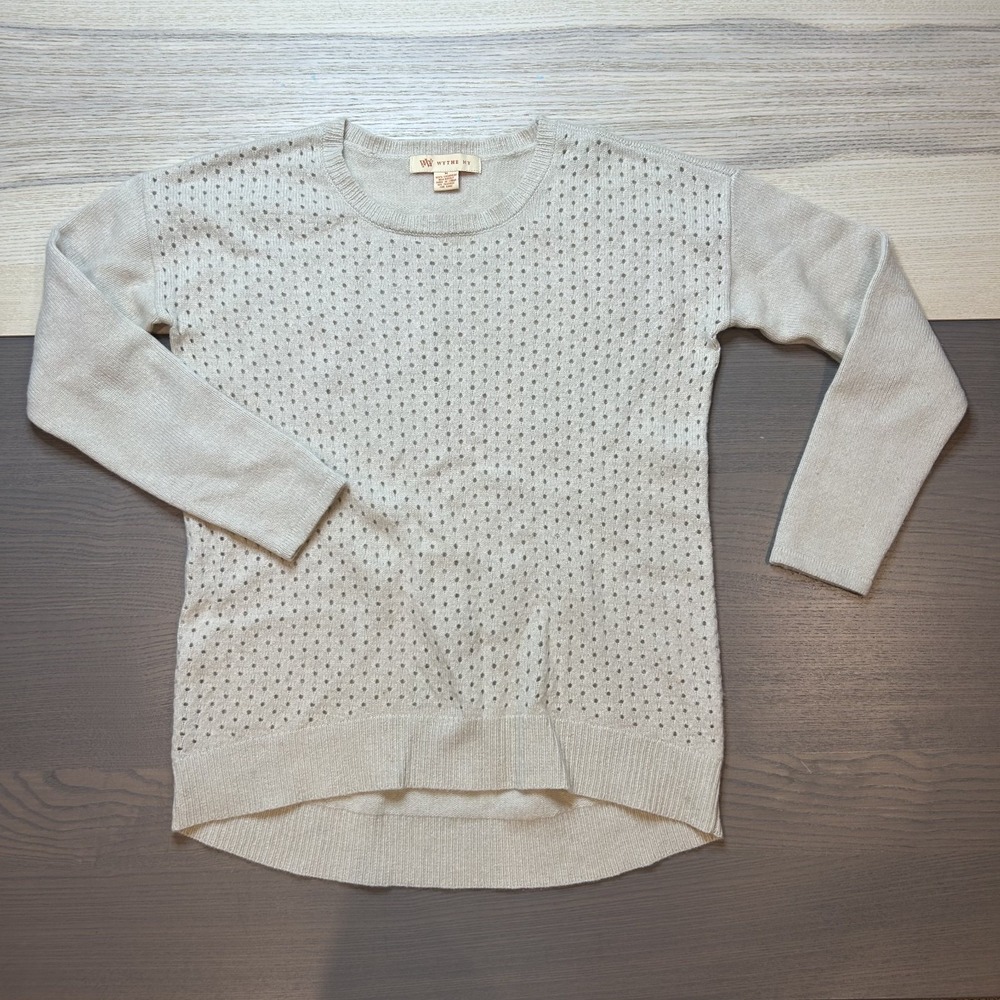 Wythe NY Sweater Women M 100% Cashmere Beige Round Perforated Weave High-Low